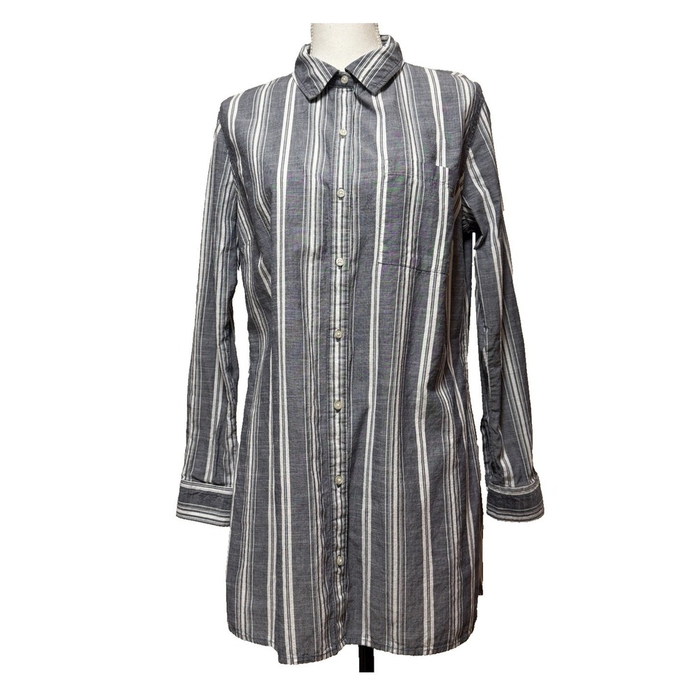 Shirt Dress Blue‎ White Stripe Collared Long Sleeve Button Up Casual Women's S-M